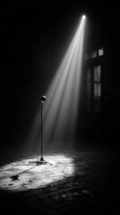Minimalist Empty Stage with Microphone and Dramatic Shadows
