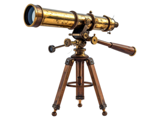 Detailed antique telescope mounted on a wooden tripod, isolated on black