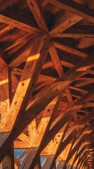Wooden Roof Trusses Forming Triangular Patterns in Lumber Construction