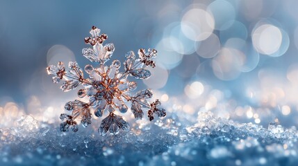 Macro Snowflake Shimmers on Bed of Ice Crystals Winter Beauty Captures Cold Season with Soft Bokeh Background Creates Serene and Peaceful Aesthetic
