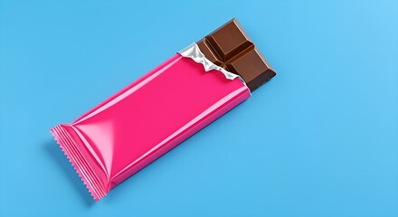 Unwrapped chocolate bar with pink wrapper, revealing a few squares of dark chocolate against a blue background.