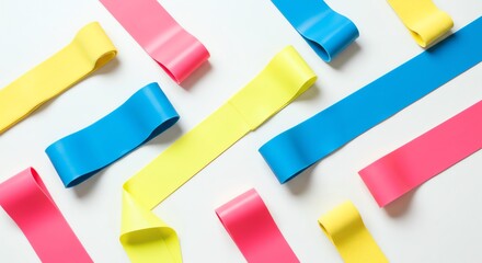 Colorful resistance bands arranged on white surface