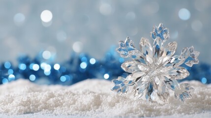 Sparkling Crystal Snowflake Ornament on Festive Snow Backdrop Winter Holiday Celebration Still Life
