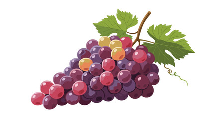 A vibrant bunch of ripe grapes with green leaves hanging from a vine.