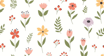 A beautiful pattern of various spring flowers and leaves.