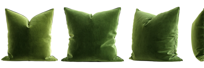 Four matching olive green velvet throw pillows