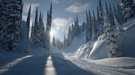 Majestic Winter Landscape With Snowy Trees and Sunlight Glazing the Snowcapped Mountains Cold Ambience