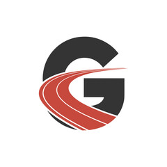 Letter G logo with racing track design, Bold letter G logo featuring a dynamic red racing track, symbolizing speed, progress, energy, transportation, and modern motion in a creative design concept.

