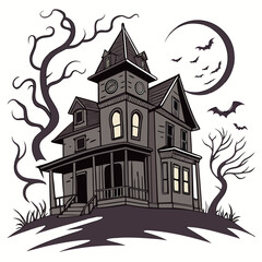 Spooky Mansion with Bats and Full Moon haunted house
