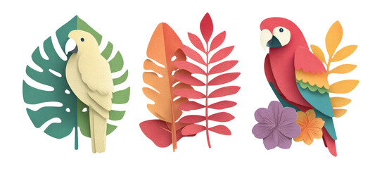 Obraz premium Colorful Paper Cutout of Tropical Birds and Leaves in Isolated Transparent Background