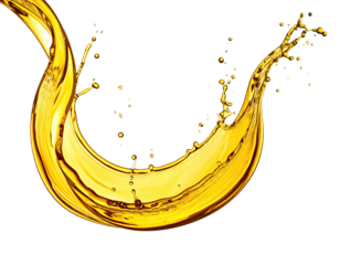 Splashing arc of viscous golden liquid with high contrast against dark background