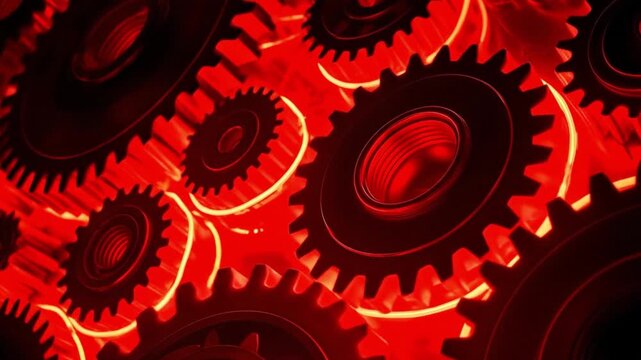 Redlit gears interlock showcasing a mechanical system