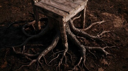 Fototapeta premium A weathered wooden chair, its legs transforming into gnarled roots that delve deep into rich, dark soil, resembling an ancient tree. The texture is highly detailed, with rough bark on the roots.