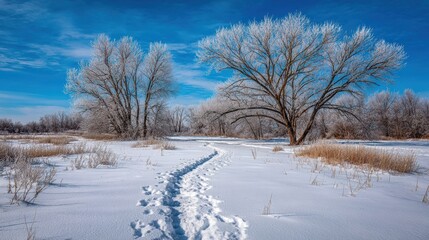 Serene winter landscape with frost kissed trees snowy field and footprint path under a beautiful sky peaceful cold scene
