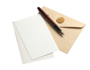 Elegant setup of blank paper, an envelope with a wax seal, and a pen