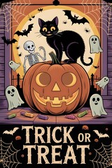 Vintage Halloween Greeting Card with Jack O Lantern, Cat and Skeleton on Porch