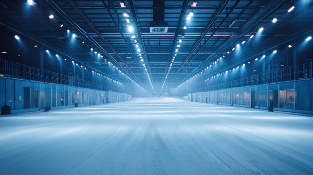 Indoor snow park features a pristine slope under bright lighting, designed for winter sports and activities year-round