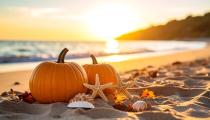 Sunset Pumpkins  Starfish on Beach Autumn Holiday Scene at Golden Hour.
