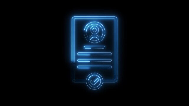 Glowing neon cv resume document showing profile information and checkmark approval concept animation