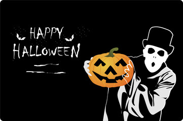 Happy Halloween, illustration of a man holding a scary pumpkin