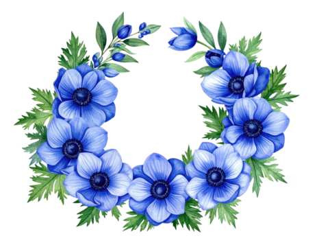 Watercolor wreath of blue anemones and green foliage, round arrangement