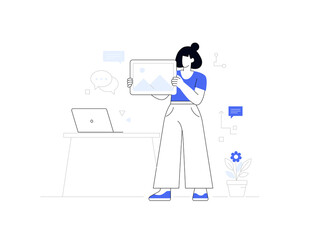 Modern flat vector illustration of a young woman highlighting a media file in a minimalist style