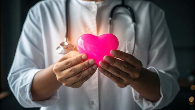 Doctor holding a pink heart symbol for medical support and care