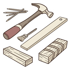 Woodworking Tools and Materials Isometric Illustration Keywords: woodworking, tools, hammer