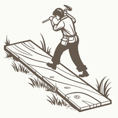 Woodworker chopping wooden plank with axe construction