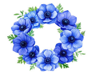 A circular arrangement of blue anemone flowers and green fern-like foliage