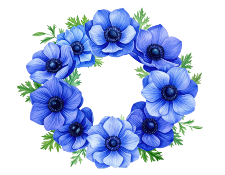 A circular arrangement of blue anemone flowers and green fern-like foliage