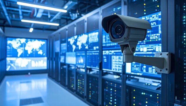 Surveillance camera in data center monitoring server room Security concept.