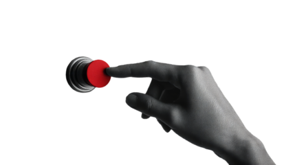 Urgent Activation: Finger poised to press an emergency red button in the darkness.