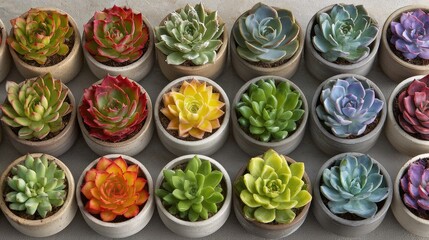 Many colorful succulents in small pots.