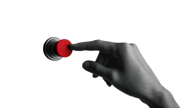 Urgent Activation: Finger poised to press an emergency red button in the darkness. - Powered by Adobe