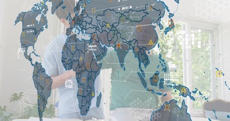 Clinician placing patient arm and guiding shoulder flexion for rehab with transparent map overlay - Powered by Adobe