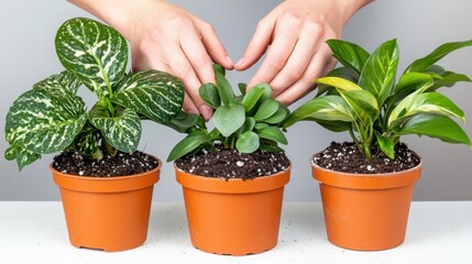 Houseplants and female gardener hands arranging small pots and soil