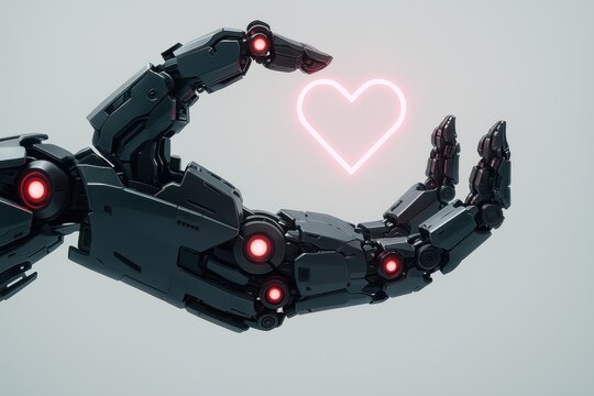 Black mechanical robotic arm holding a glowing neon pink heart