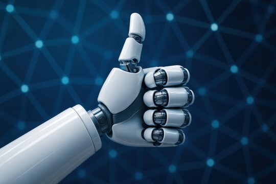 White Robotic Hand Showing Thumbs Up Gesture on Dark Blue Technology Network Background - Powered by Adobe