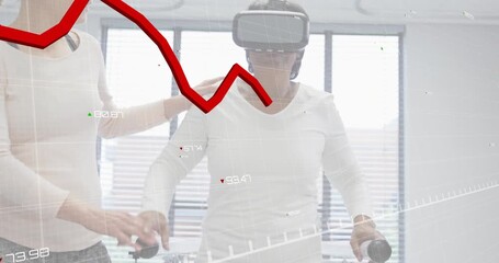 Therapist presenting VR headset to patient holding bars and walking while animating rehab metrics - Powered by Adobe