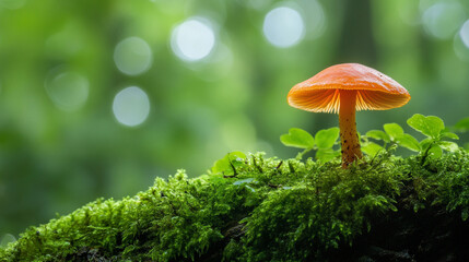 Fototapeta premium Single mushroom emerging on mossy forest floor symbolizing growth resilience mystery and the quiet beauty of nature in a serene woodland atmosphere.