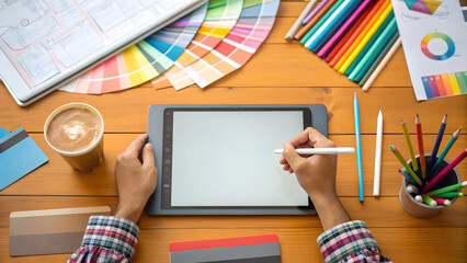 Concept of food diet, longevity, and fiber maxxing. creative designer sketching on an pad iced coffee