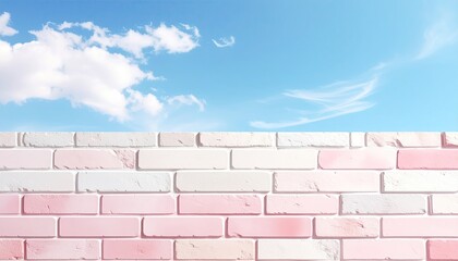 A pink and white brick wall against a bright blue sky with fluffy clouds
