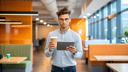 coffee badging at work concept. young smart businessman preparing a meeting in office.