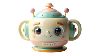 Cute robot teapot with a smiling face isolated on transparent background
