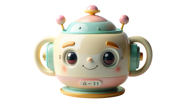 Cute robot teapot with a smiling face isolated on transparent background