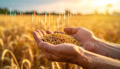 Farmer holds wheat, overlaid with data charts, amidst a golden field at sunset