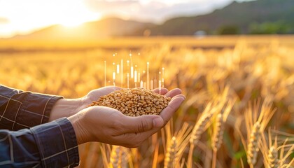 Close-up of hands holding grains, with graphic overlay, in a wheat field