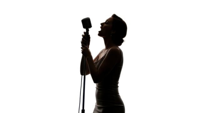 Female singer silhouette with vintage microphone on white background