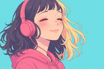 Happy Stylized Anime Girl Portrait Listening to Music in Pink Headphones and Hoodie